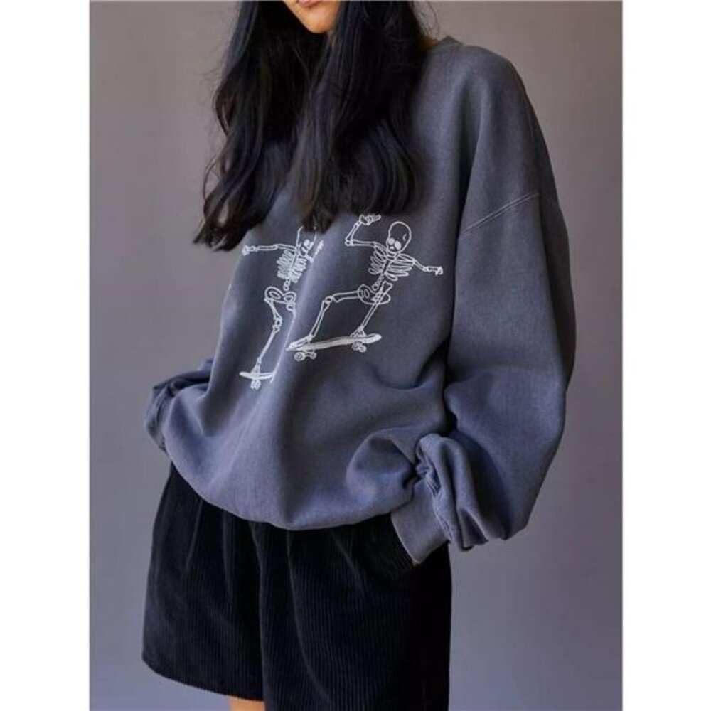 Gray Skeleton Skateboard Graphic Sweatshirt - Women